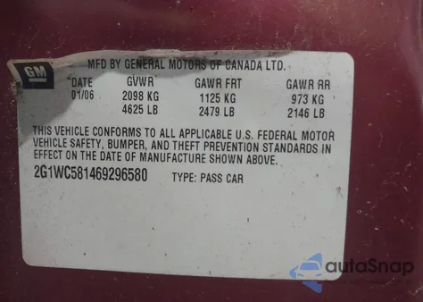 2006 Chevrolet Impala Lt from USA, damaged, VIN 2G1WC581469296580